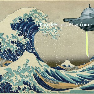 HOKUSAI Great Wave Off Kanagawa Ukiyo-e UFO Spaceship Kaiju Science Fiction Parody Art