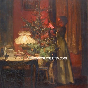 Woman DECORATING CHRISTMAS TREE Victorian Era Merry Christmas Carol Holiday Marcel Rieder French France Illustration Print Oil Painting Art