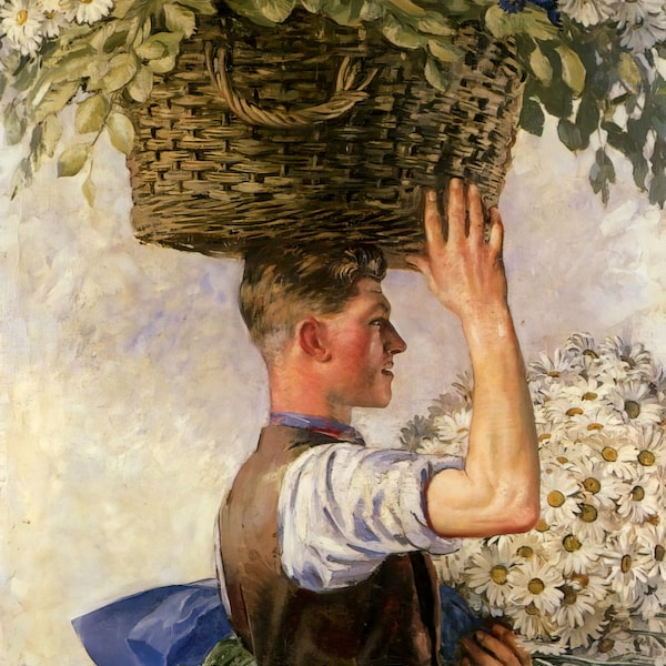 HANDSOME YOUNG MAN Portrait William Bruce Ellis Ranken Print Oil Painting Basket Daisies Gay Interest Flowers Floral Art