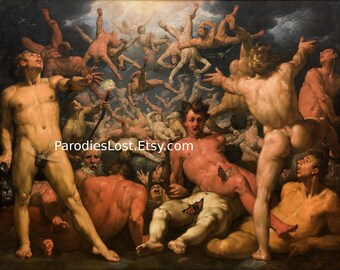 NUDE MALE GODS Cornelis van Haarlem Fall of Titans Greek Mythology Zeus Uranus Nudity Half Naked Man Gay Interest Oil Painting Art