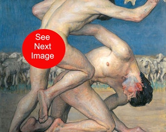 MALE NUDE COUPLE Svend Rathsack Print 19-20th Century Oil Painting Cain & Abel Naked Men Gay Interest Nudity Art Mature