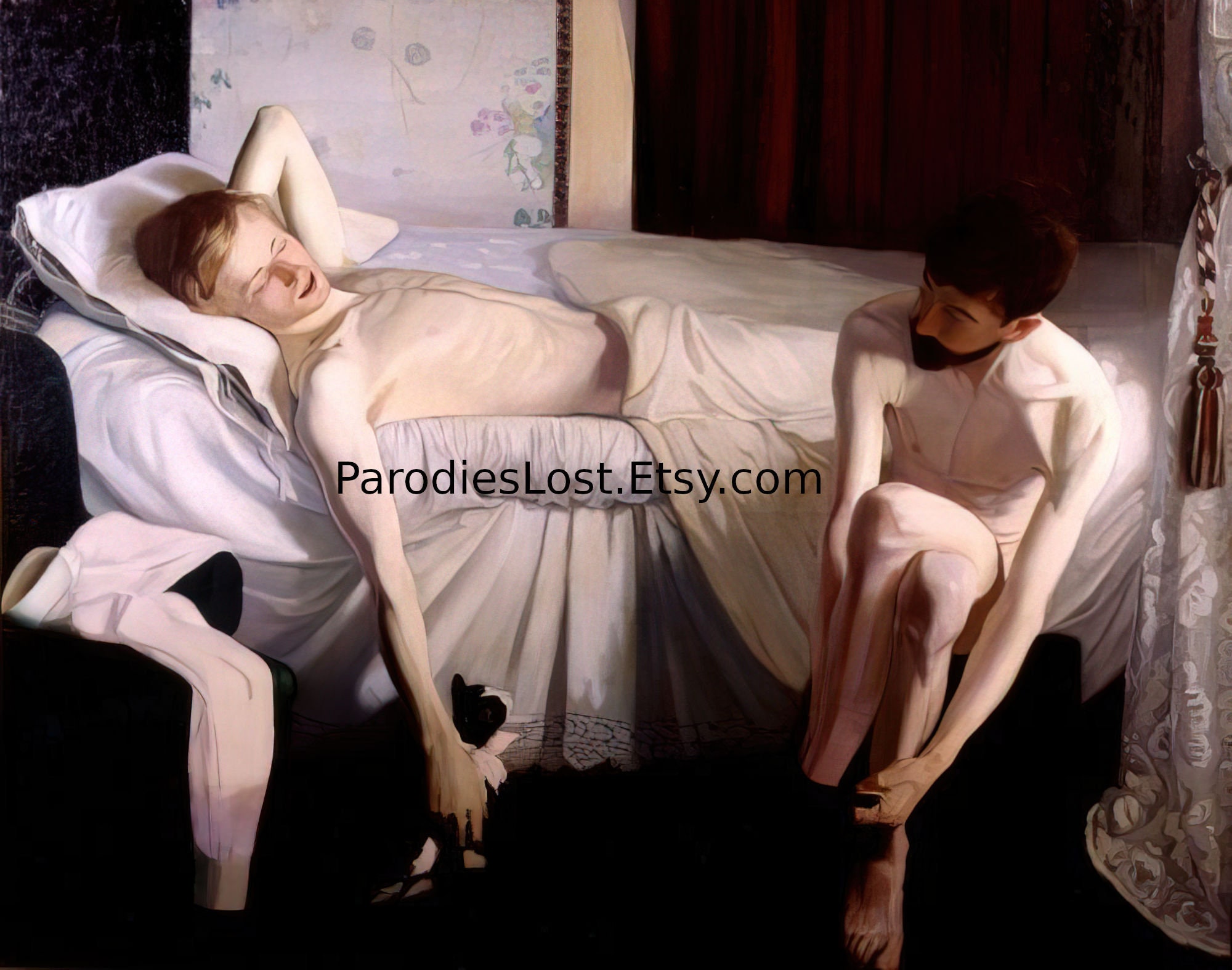 NUDE ROOMMATES LOUNGING Classical Nudity Andreas Andersen Print Naked Men Males Gay Interest Oil Painting Realism Brothers Cat Art Mature