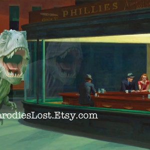 Edward Hopper NIGHTHAWKS T-Rex Dinosaur Pulp 1940s Parody  Print Tyrannosaurus Art