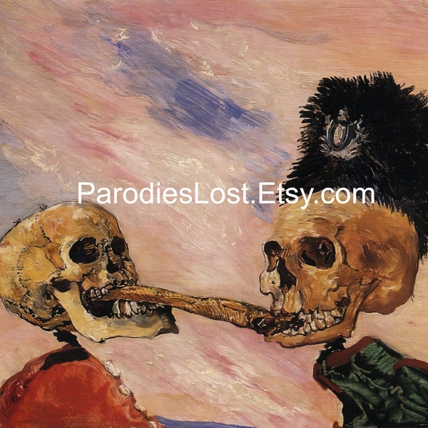 TWO SKELETONS FIGHTING Skulls James Ensor Nightmare Monster Halloween Hell Horror Oil Painting Pickled Herring Still Life Vintage Art Print