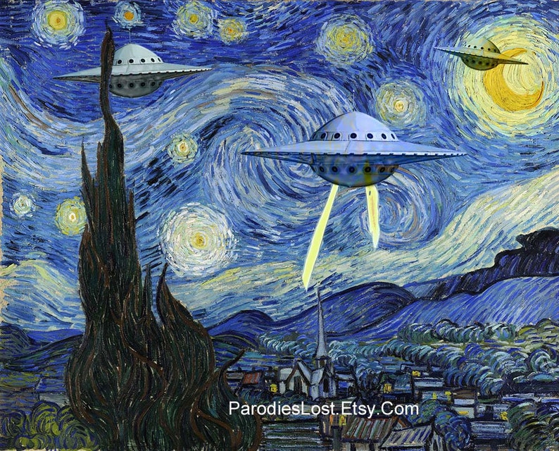 May include: A digital painting of Vincent van Gogh's Starry Night with three flying saucers in the sky. The painting is in a blue and yellow color scheme with swirling brushstrokes. The saucers are gray and have a round shape with a dome on top. The painting is titled "ParodiesLostEtsy.Com".