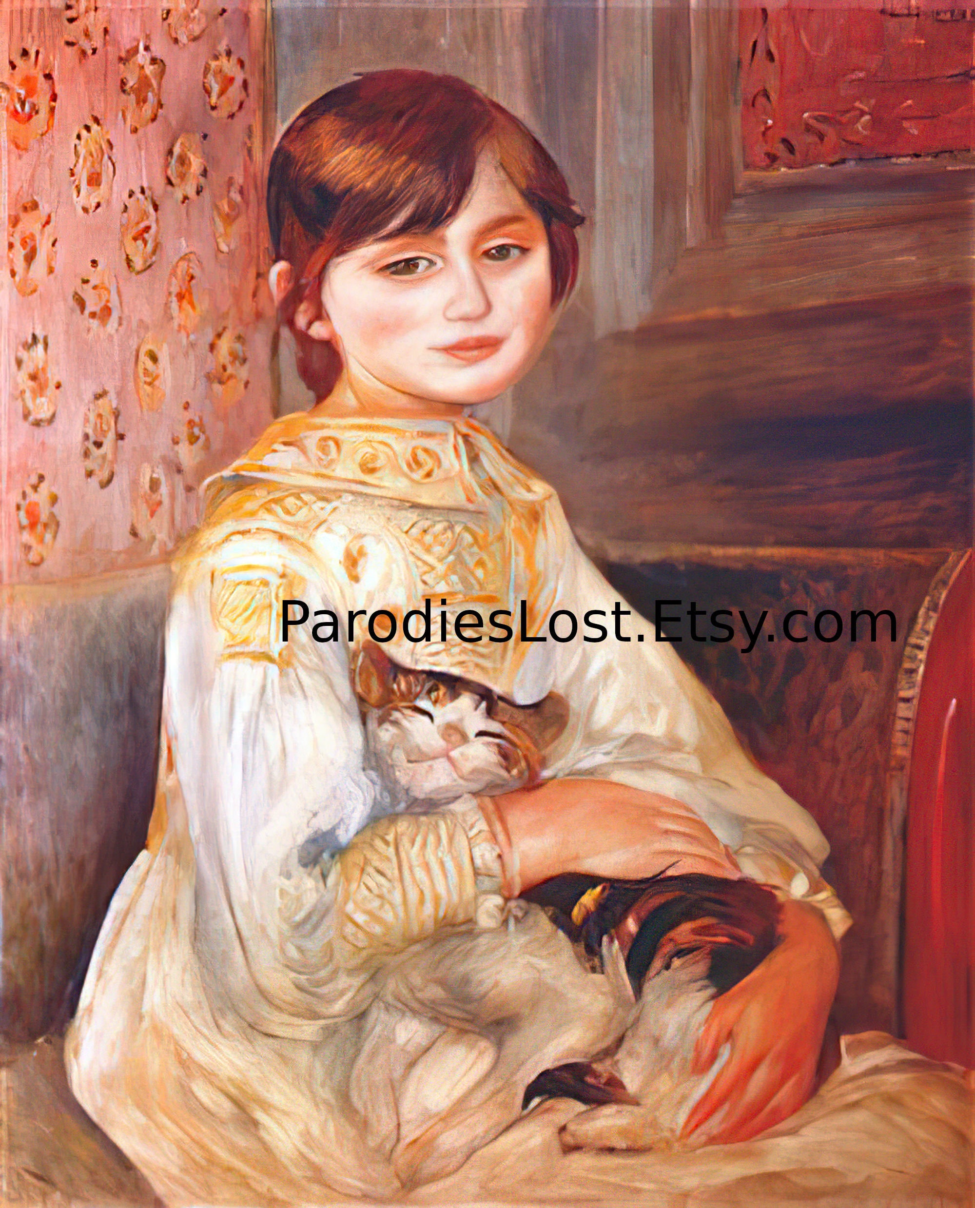完璧わいふによる 少女と猫 子供の版画 ピエール＝オーギュスト・ルノワール 絵画