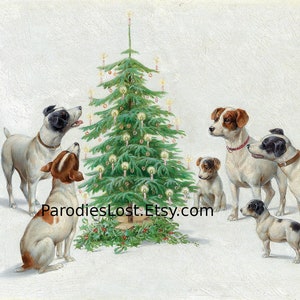 CANI DI NATALE Cuccioli Era Vittoriana Buon Natale Albero Canto di Natale Vacanza Dipinto Stampa Arte Karl Reichert
