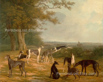 May include: A painting of a group of greyhounds in a grassy field. The dogs are various shades of brown, black, and white. Some are standing, some are lying down, and one is leaping in the air. The painting is set against a backdrop of trees and a distant landscape.