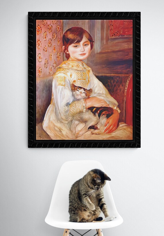 少女と猫の印象派油彩画　ルノワール ピエール＝オーギュスト・ルノワール（Pierre-Auguste Renoir