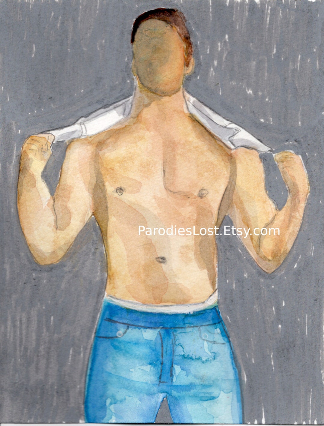 MALE NUDE JOCK Original Watercolor Painting Muscular Naked Man Blue Jeans Gay Interest Frontal