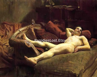 NAKED MALE MODEL John Singer Sargent Print Oil Watercolor Painting Reclining Frontal Nude Man Gay Interest Nudity Art Mature