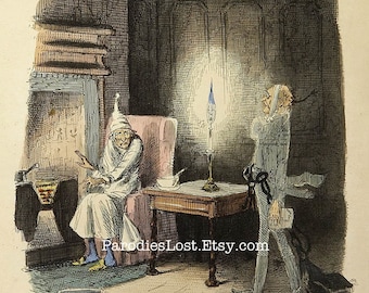 May include: A black and white illustration of a scene from Charles Dickens' A Christmas Carol.  The Ghost of Christmas Present is standing in a room with a man sitting in a chair by a fireplace. The Ghost of Christmas Present is holding a candle and the man is wearing a nightgown.