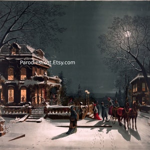 CHRISTMAS EVE Street Scene Victorian Era Merry Christmas Tree Carol Holiday Hoover & Son American Illustration Print Art