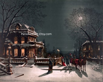 CHRISTMAS EVE Street Scene Victorian Era Merry Christmas Tree Carol Holiday Hoover & Son American Illustration Print Art