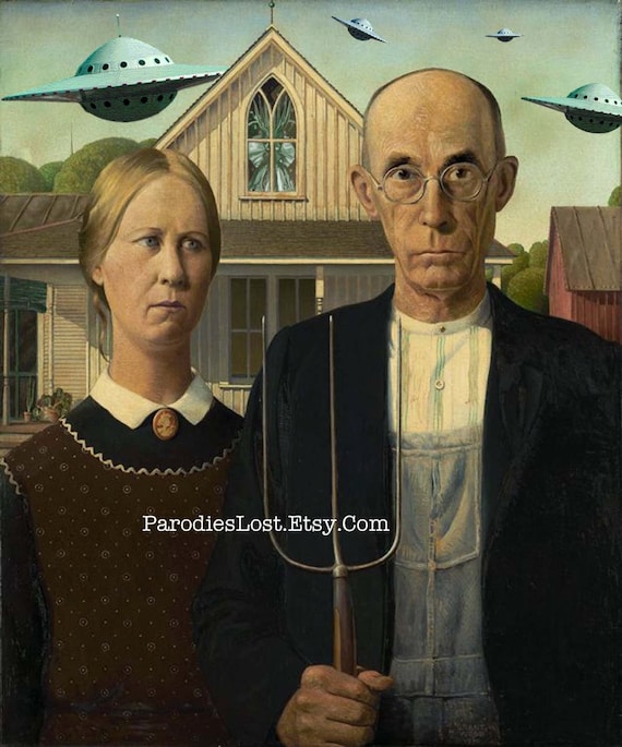UFO Alien Space Ship Print Grant Wood American GOTHIC Parody