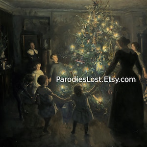 HAPPY CHRISTMAS Victorian Era Merry Christmas Tree Carol Holiday Viggo Johansen Dänisch Dänemark Illustration Druck Kunst