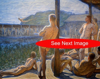 MALE NUDE BATHHOUSE Eugene Jansson Print 19-20th Century Oil Painting Gay Interest Naked Men Nudity Skinny Dipping Swimming Art Mature