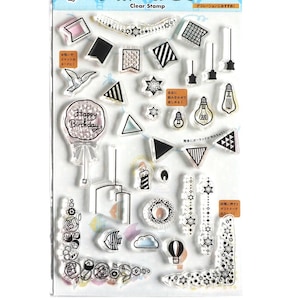 Clear stamp set: CELEBRATIONS (32 pieces) by World Craft Japan. Birthday, flags, corners