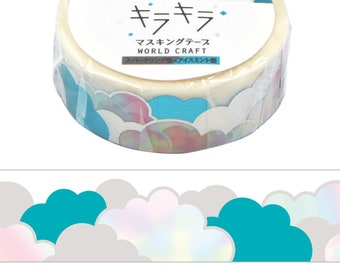 Cotton Candy Clouds washi roll 3/5" w/ shiny silver foil World Craft journal planner masking stationery colorful cloud geo teal pink sky