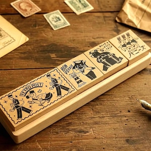 Stamp set: OBI-WAN RETRO vol 1 (4 pieces) with tray by OB1Toy x Sanby.  Eco wood & rubber