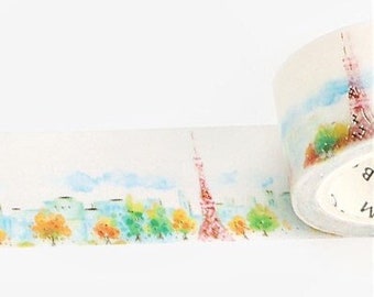 Tokyo Tower 3/4" washi tape w/gold foil accent from BGM bujo journal planner scrapbook Japan city landmark watercolor