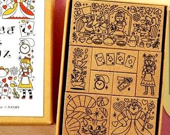 Stamp set: ALICE IN WONDERLAND (8 pieces) by Shunsuke Satake x Sanby. Wood & rubber