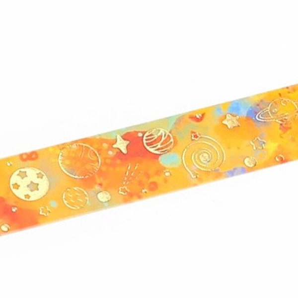 Colorful Planets 3/5" washi roll w/gold foil accents BGM journal planner scrapbook diary stationery star moon night sky eclipse orange