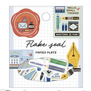 May include: A pack of stationery stickers featuring various designs including a red wax seal, postage stamps with writing tools, and a central cloud-shaped label with the text Flake seal and Papier Platz. Individual stickers show ink bottles, nibs, and pencils.