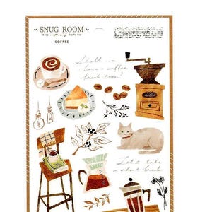 Sticker sheet: SNUG ROOM COFFEE w/ gold foil (24 pieces) by Mind Wave. Cozy-room items with plants, coffee, cats, more