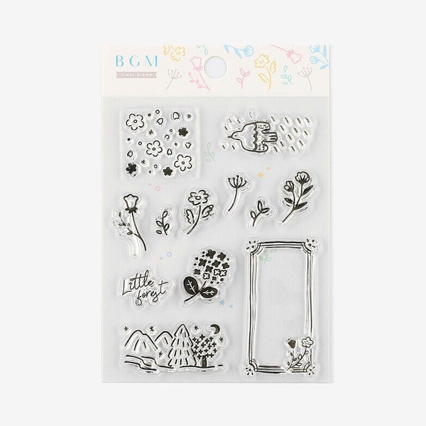 Little Forest clear stamp set (12 ct) poly resin BGM journal planner scrapbook diary stationery bird flower note stream hills woods