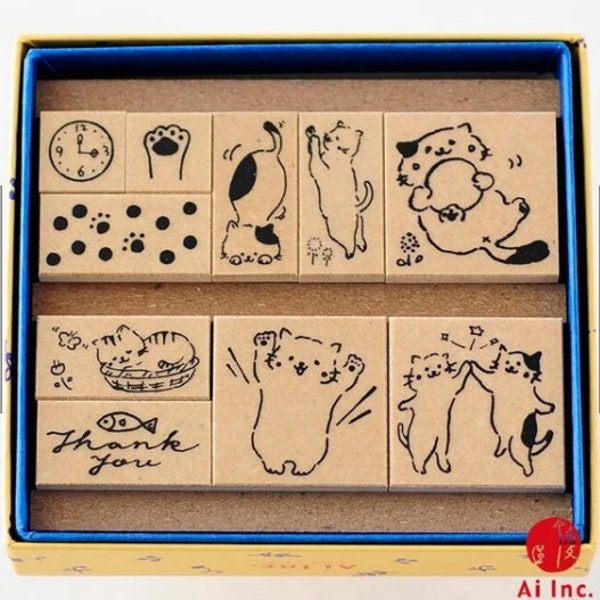 Cats & More stamp set (10 pcs) AI Stamp Studio for card-making journal planner diary eco-wood and natural rubber paw thank you clock kitten