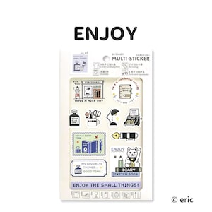 May include: A sheet of Sanby multi-stickers featuring various stationery-themed illustrations including a lighthouse, typewriter, ink bottle, and a cat with a diary. The packaging includes text such as Enjoy, Have a Nice Day, and My Favorite Things.