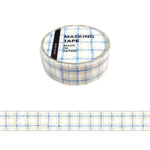 May include: A roll of masking tape with a plaid pattern in light blue and tan. The tape has the words "MASKING TAPE" and "MADE IN JAPAN" printed on the top. The brand name "MIND WAVE" is also printed on the side.