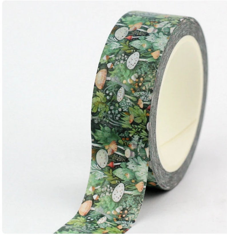 Washi Tape ENCHANTED MUSHROOMS green 3/5 for Journal Planner Scrapbook