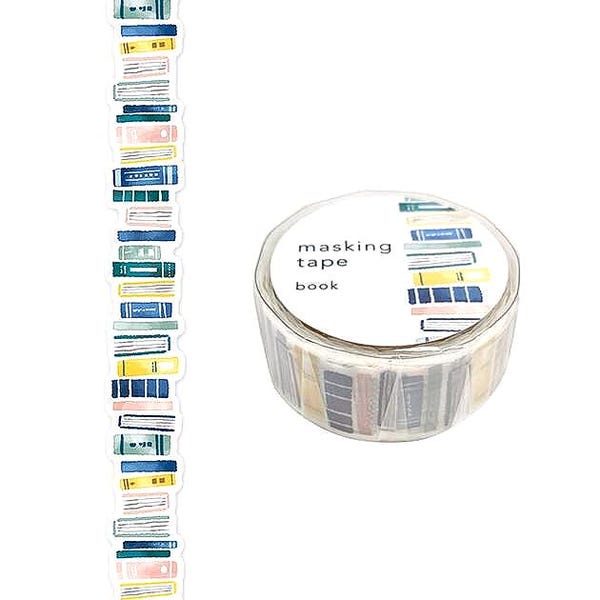Washi tape: BOOK STACK #1 die-cut VERTICAL (3/4" wide) Mind Wave Japan. Blue version