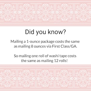 May include: A rectangular graphic with a light pink border featuring a white snowflake pattern. The text reads: Did you know? Mailing a 1-ounce package costs the same as mailing 8 ounces via First Class/GA. So mailing one roll of washi tape costs the same as mailing 12 rolls!