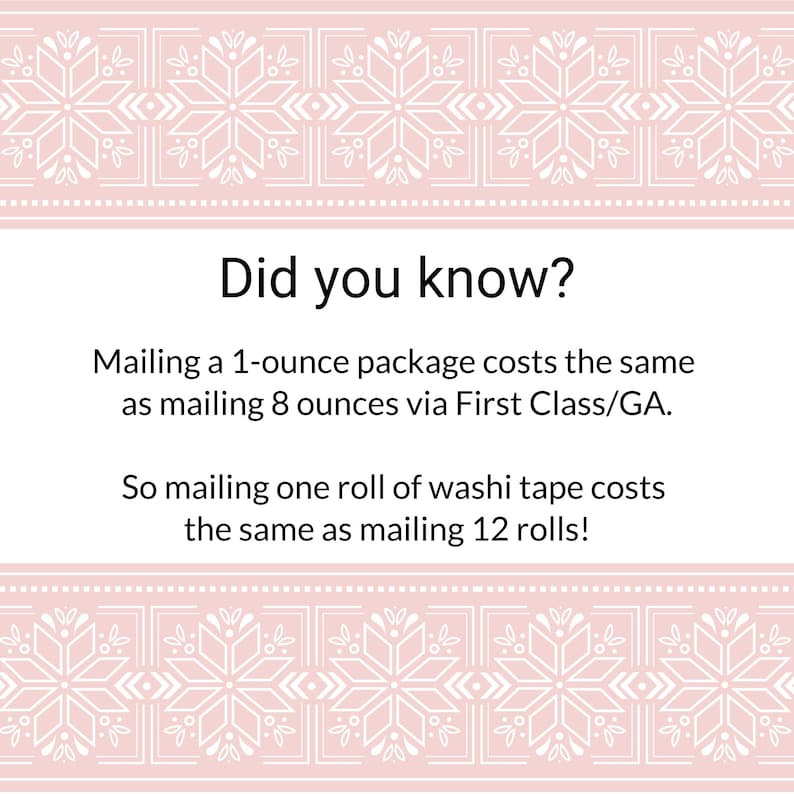 May include: A rectangular graphic with a light pink border featuring a white snowflake pattern. The text reads: Did you know? Mailing a 1-ounce package costs the same as mailing 8 ounces via First Class/GA. So mailing one roll of washi tape costs the same as mailing 12 rolls!