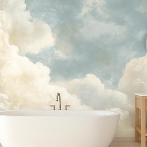 May include: A bathroom scene featuring a white, oval bathtub, a wooden vanity with a round mirror, and a wall mural depicting a cloudy sky in shades of cream, blue, and beige. The room has a serene, spa-like atmosphere.