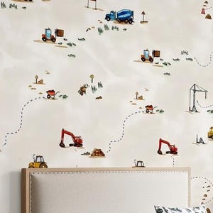 建設車両 子供用壁紙、保育園 ベージュ ディガーズ ベッドルーム