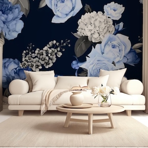 Botanical Meadow Wallpaper Mural – Blue & Black Floral Design for Bedroom or Nature-Inspired Living Room