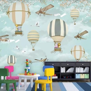 Blue Plane and Balloon Wall Mural – Cartoon Sky Wallpaper for Boys Bedroom, Nursery or Toddler Room Decor