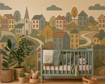 Mural de pared de pueblo de dibujos animados: decoración infantil de pueblo con tonos pastel y caprichosos