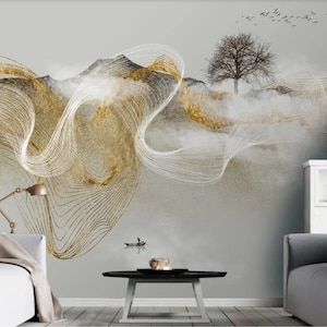 Abstract White and Gold Zen Waves Mural – Minimalist Luxury Wall Art for Living Room, Hallway or Office