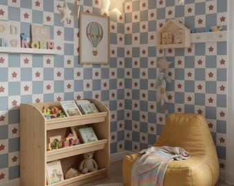 Retro Checkerboard Kids Wallpaper, Blue Star Pattern, Modern Nursery and Playroom Wall Decor
