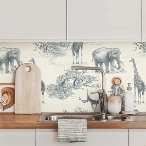 Navy Safari Mural Wallpaper – Light Jungle Animal Design for Nursery, Kids’ Room or Feature Wall