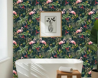 Papier peint mural Flamant rose - Mini design paradis tropical pour salle de bain ou mur décoratif