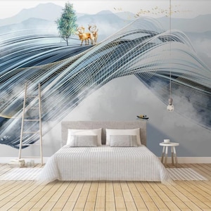 Murale per camera da letto con onde astratte di alce - Moderna arte murale con animali selvatici per interni sereni