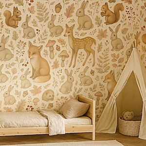 Woodland Creatures Mural Wallpaper – Neutral Fox, Deer Forest Animal Design for Nursery & Toddler Rooms