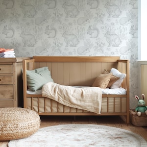 Woodland Bunny Wallpaper Mural – White & Grey Rabbit Design for Baby Nursery or Toddler Room