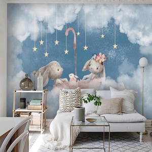 Woodland Bunny Wallpaper Mural – Soft Rabbit & Fluffy Cloud Design for Nursery or Kids’ Room